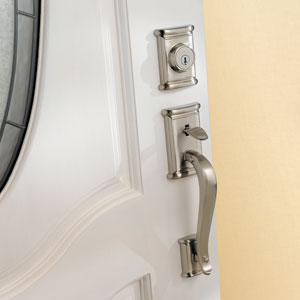 Silver door handle and deadbold on white door