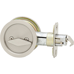 Round pocket door lock in satin nickel and other lock hardware