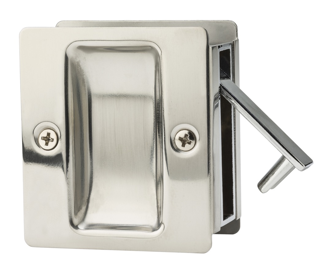 Square pocket door lock passage in satin nickel